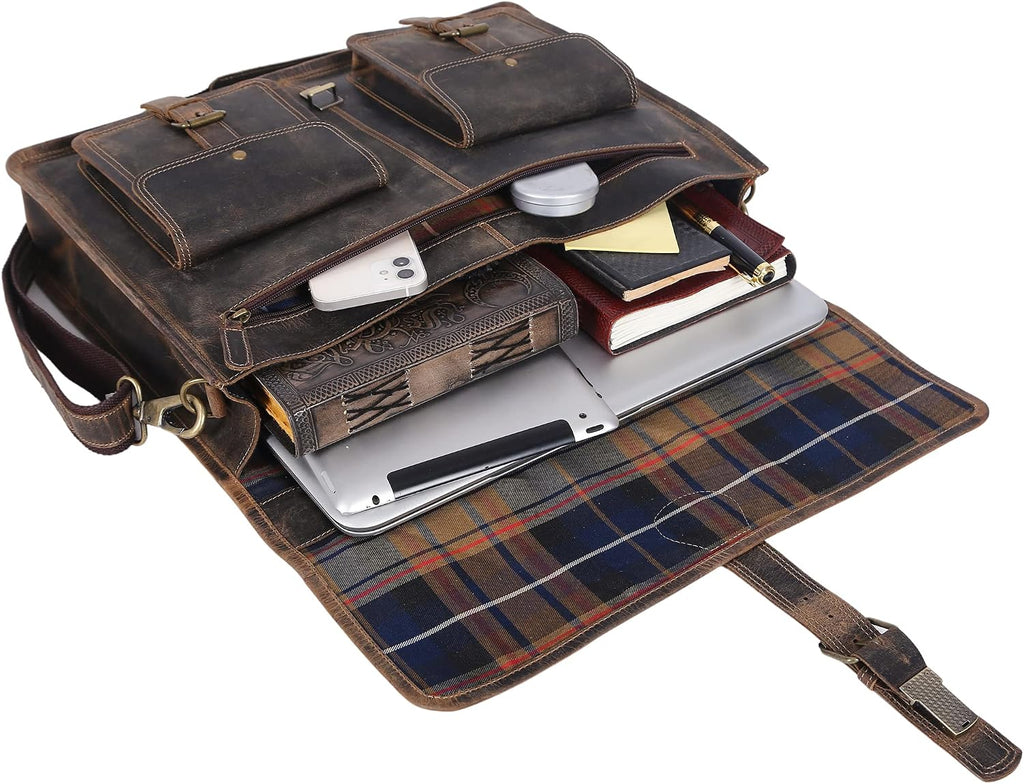Leather briefcase 18 inch laptop messenger bag for men and women best satchel office bag