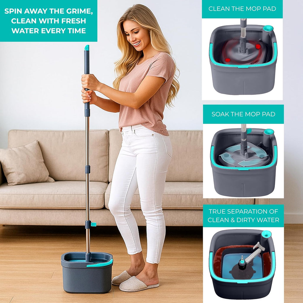 True Clean Spin Mop & Bucket System – Dual Compartment Design for Clean & Dirty Water, 360° Swivel Mop Head, Built-in
