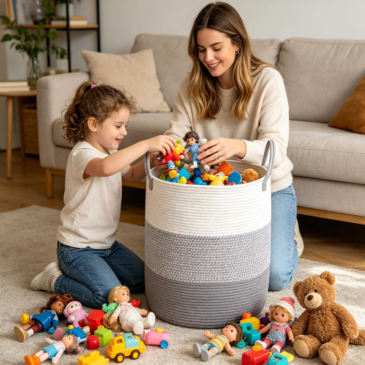 Large Laundry Hamper, Woven Rope Basket for Nursery - Grey