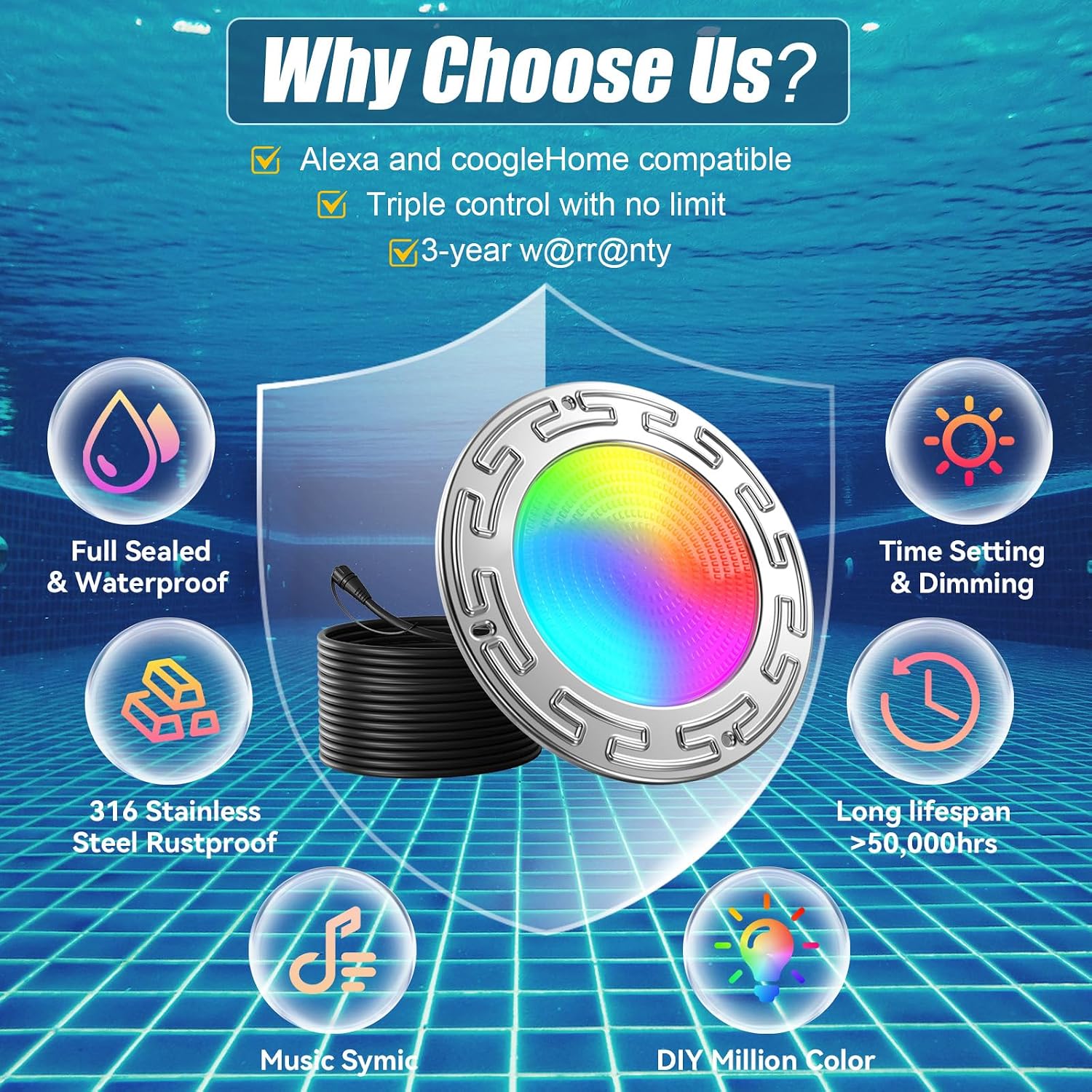 60Ft 6Inch WiFi Spa Led Pool Lights for Inground Pool with Triple Control (Remote/APP/Controller), 20W Muti-Color
