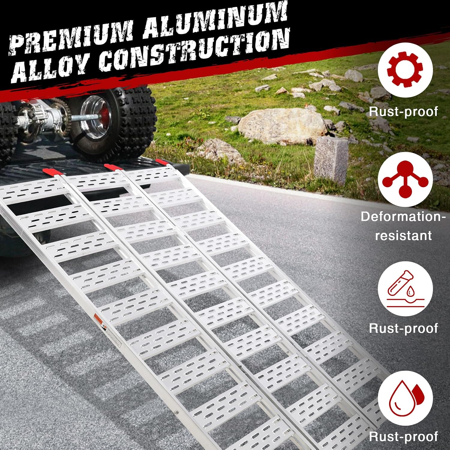 Tri Fold Aluminum Loading Ramp for Pickup Trucks, 75x50 in, 1500 LB Capacity, Portable Heavy Duty Lawn Mower Ramp