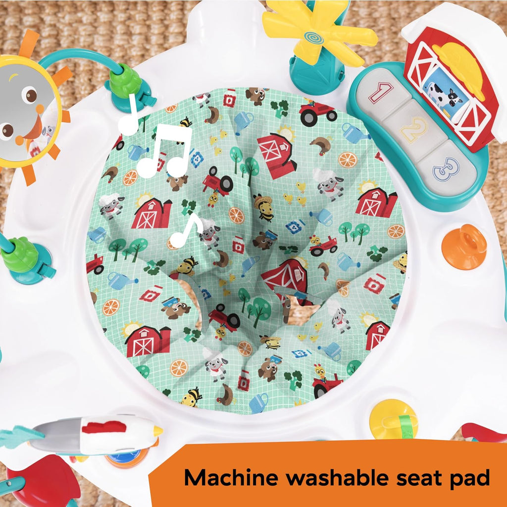 Farm Explorers Jump & Learn Barnyard 2-in-1 Baby Jumper Activity Center with Interactive Toys, Music, Lights, &