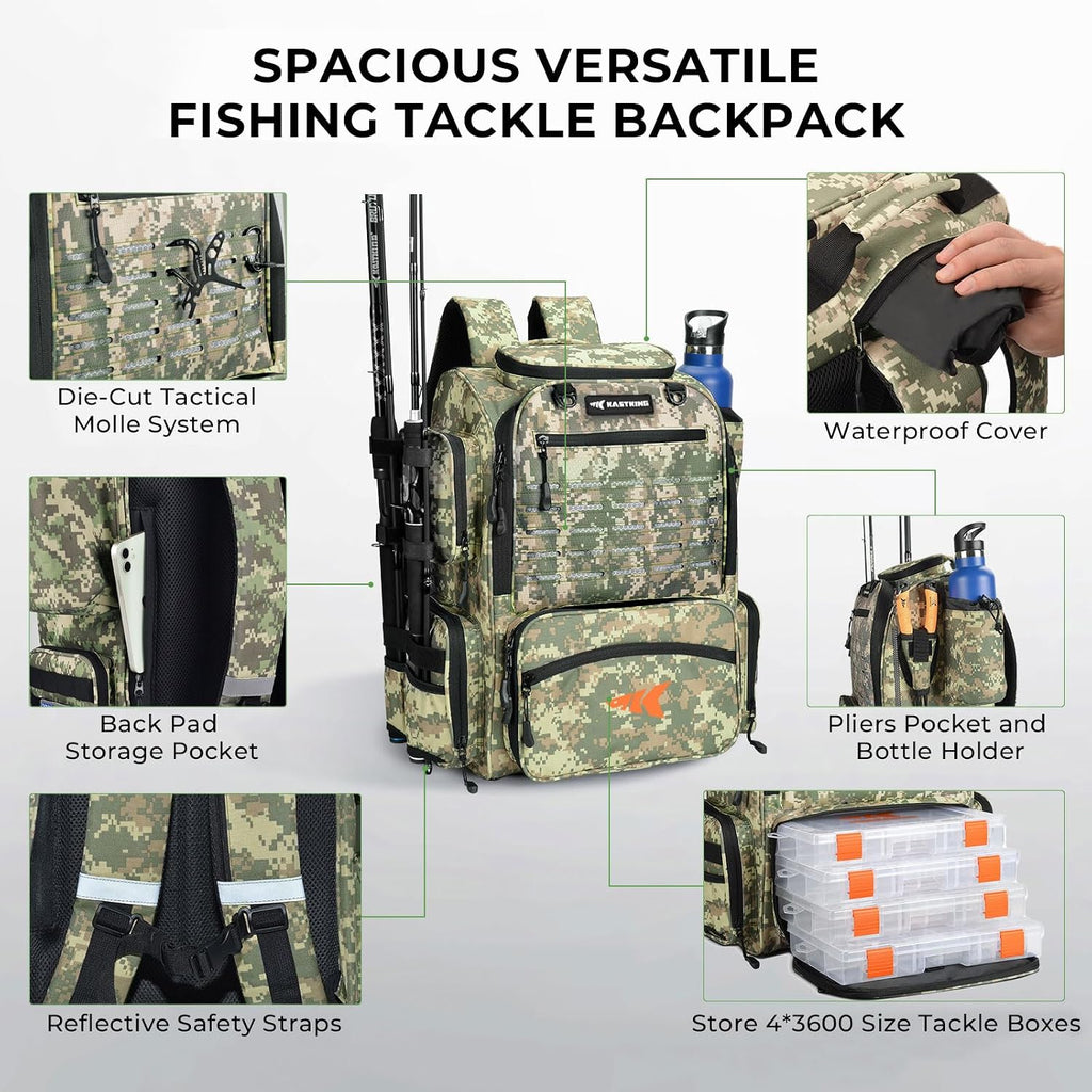 Bait Boss Fishing Tackle Backpack with Rod Holders-4 Tackle Boxes-Rain Cover,Storage for Fishing Gear