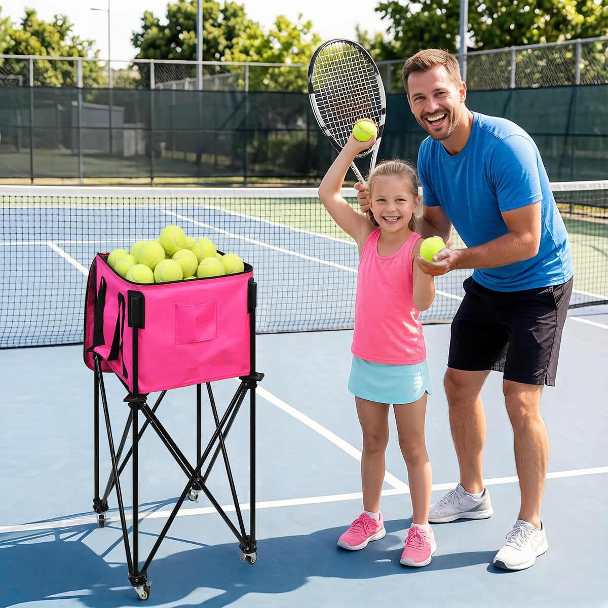 Tennis Ball Hopper,Foldable Lightweight Tennis Cart Holds 200/120 Balls with Wheels & Removable Bag,Easy to Use