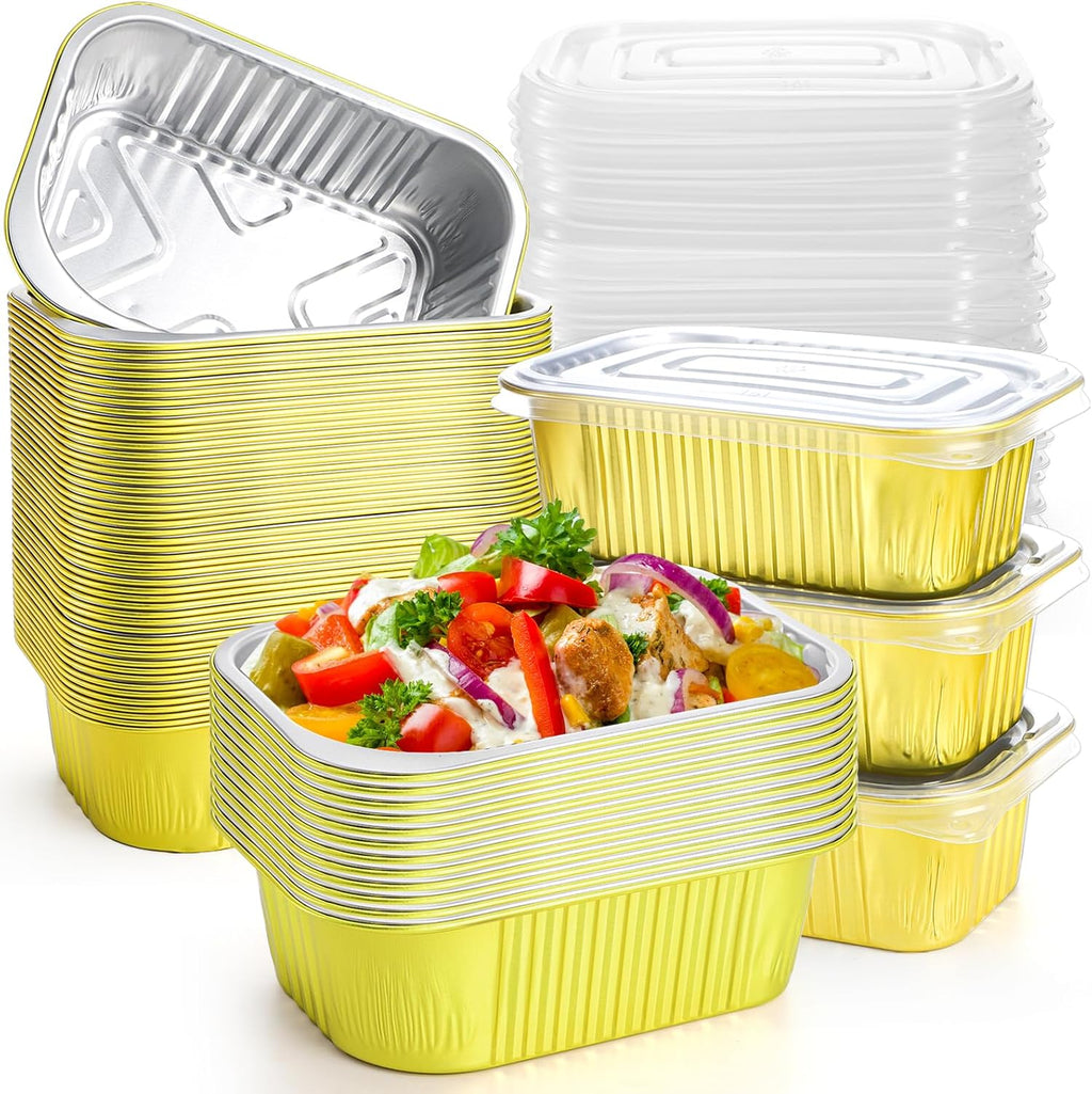 50 Pack Small Aluminum Pans with Lids, 1.5 LB Heavy Duty Disposable Foil Cake Baking Tins, Bread Loaf Pans Takeout