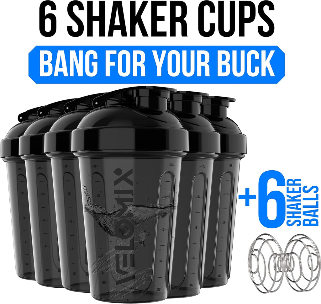 6 Pack 20oz Protein Shaker Bottle for Protein Mixes, All in Black | 6x Wire Whisk, Leak Proof Shaker Cups for Protein