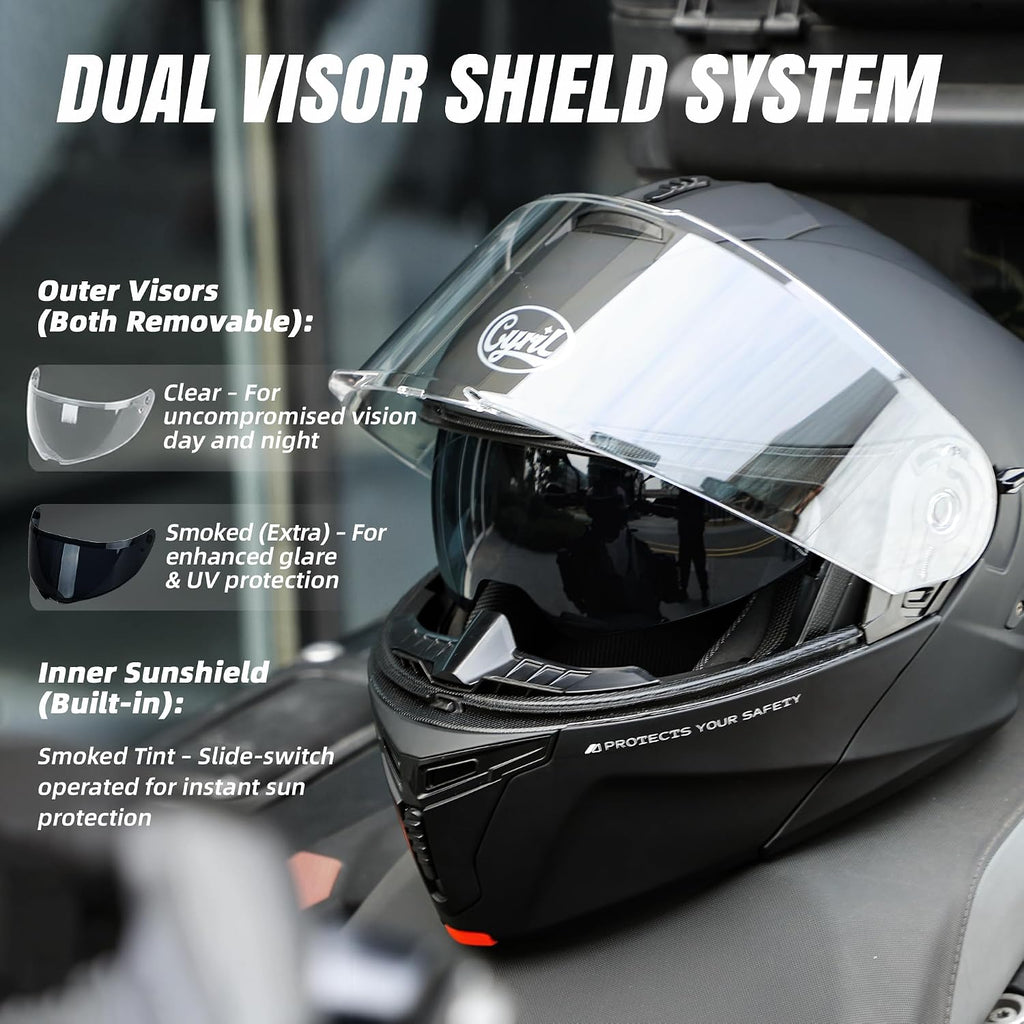 Modular Motorcycle Helmet DOT Approved, Flip Up Full Face for Adults | Intercom ready, eyewear friendly with 3 visors