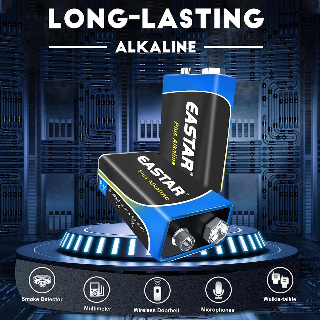 9V Batteries 2-Pack, Alkaline 9 Volt Battery with Long-Lasting Power, 10-Year Shelf Life 6LR61 Square Battery for