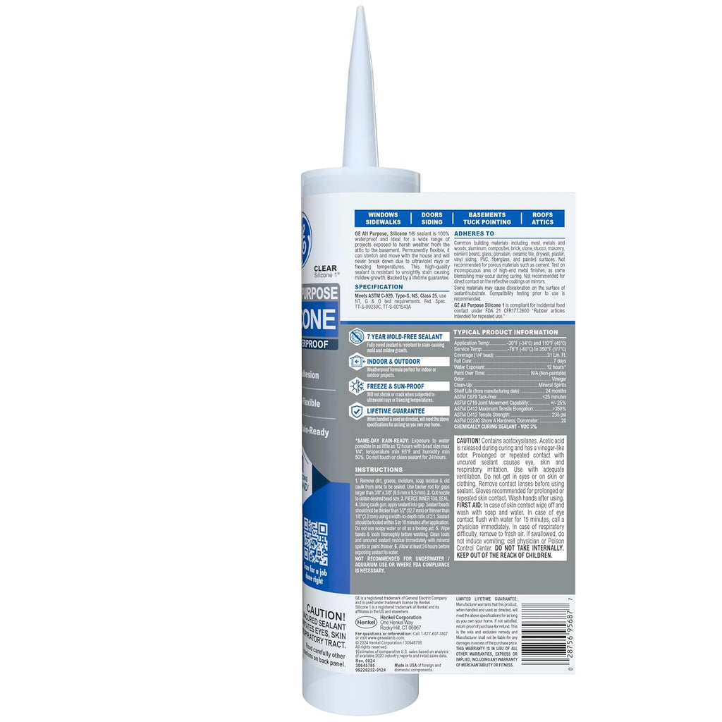 All Purpose Silicone Caulk, Clear, 10 fl oz Cartridge, 1 Pack - 100% Waterproof Silicone Sealant, Stronger Adhesion