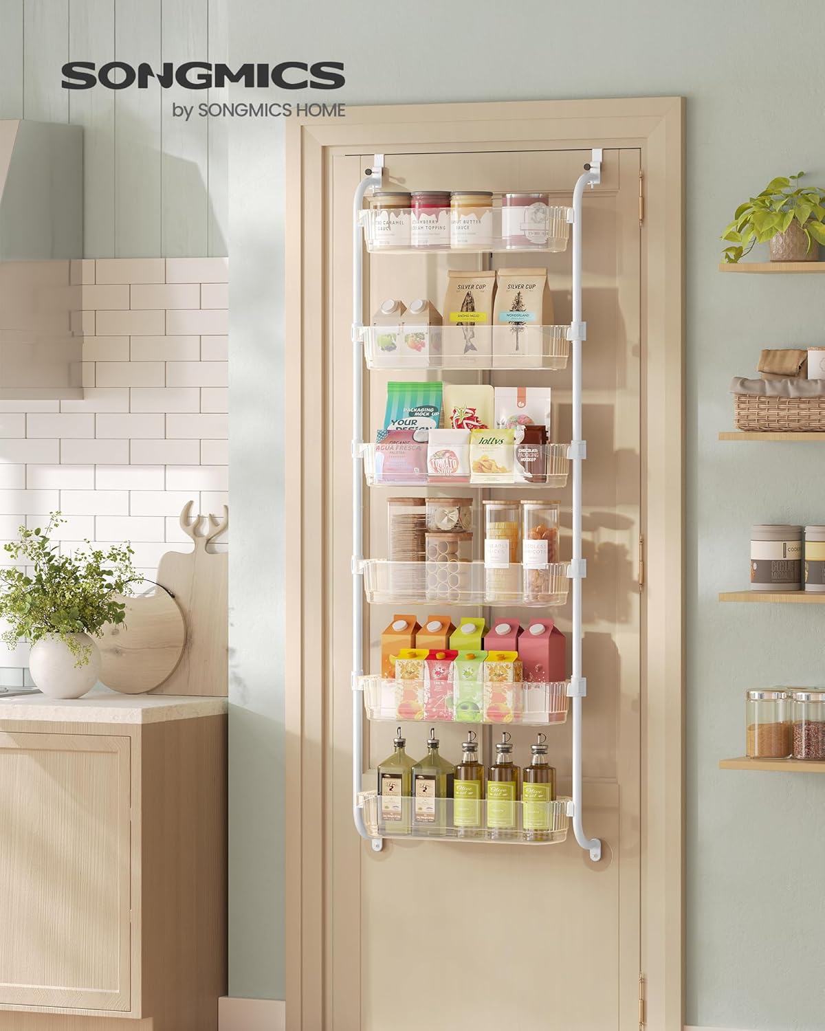 SONGMICS Over the Door Pantry Organizer, 6-Tier Kitchen Pantry Door Organizer with Adjustable Tall Baskets, Hanging