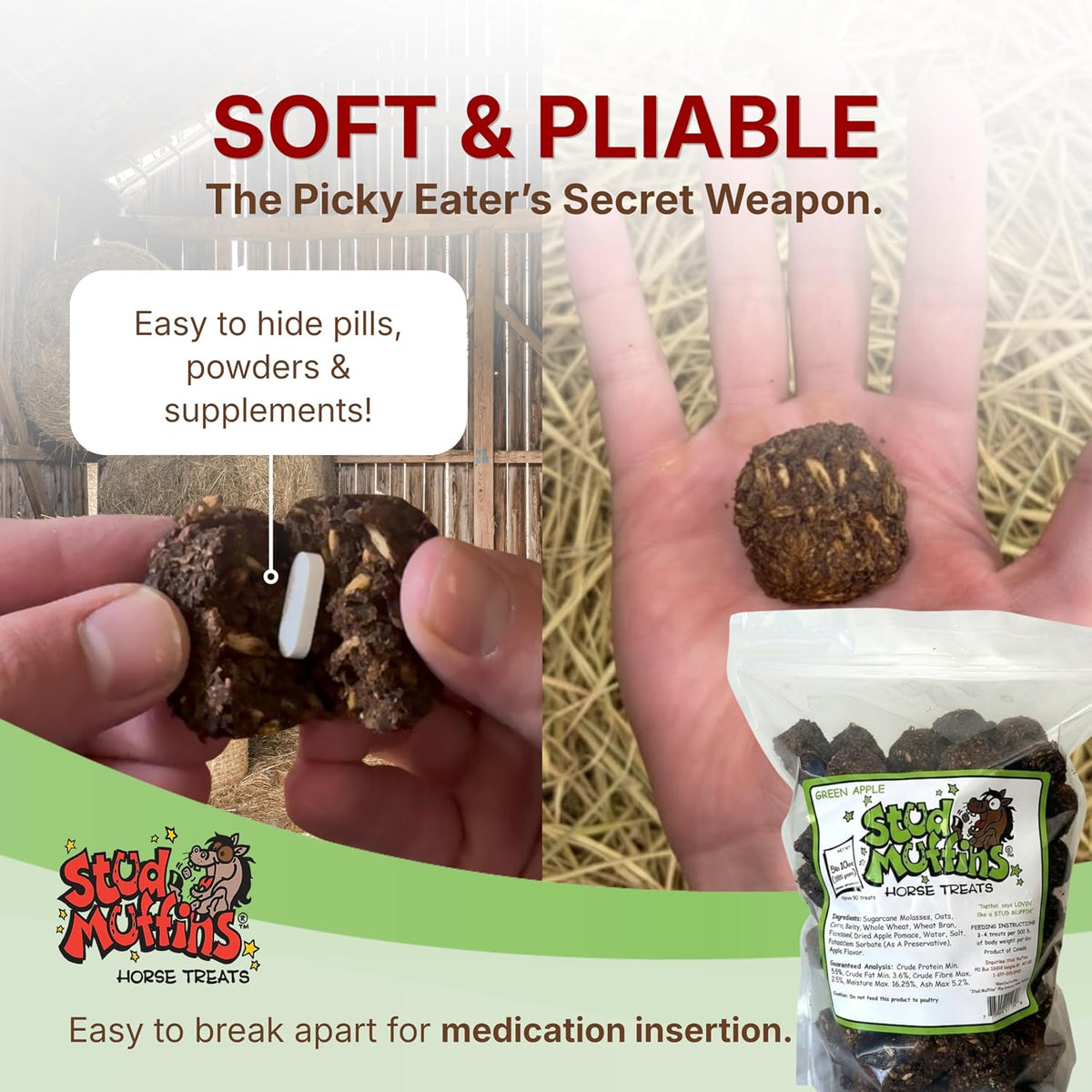 Horse Treats, Green Apple Flavor - 5 lb 10 oz Resealable Bulk Bag (Approx. 90 Treats), 100% Handmade Horse Cookies