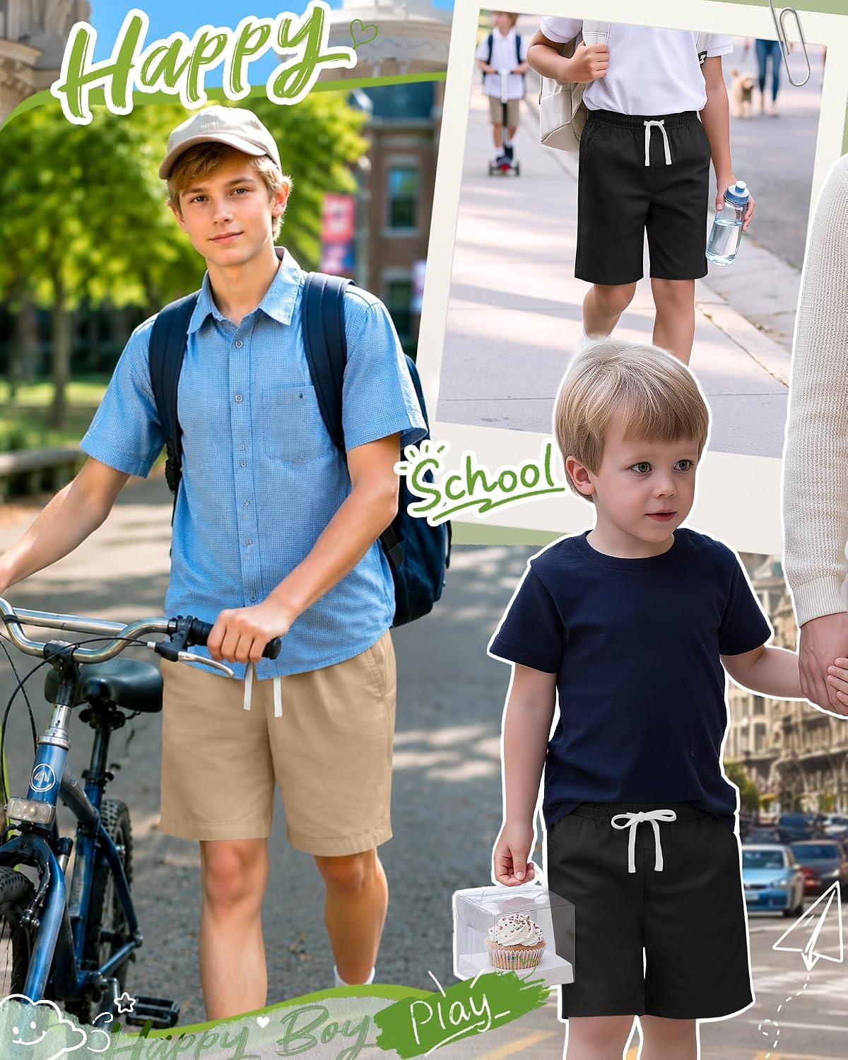 Boys School Uniform Shorts | Pull On Bermuda Shorts, Flat Front Performance Design, Drawstring Waist with