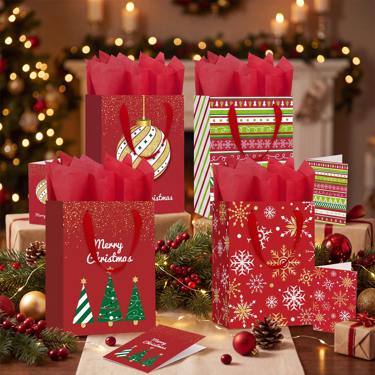 4 Pack 10.6" Christmas Red Gift Bags with Handles