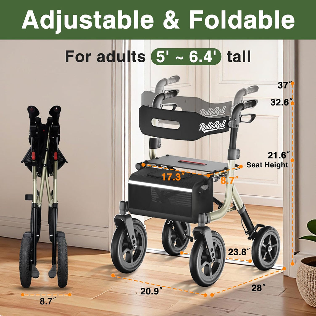 Walkers for Seniors, Rollator Walker with Seat, 12" Big Rubber Wheels All Terrain Rolling Walker with Backrest