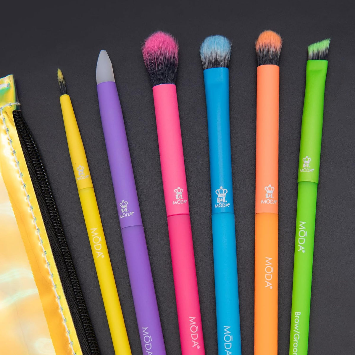 MODA Totally Electric 7pc Bright Eye Makeup Brush Kit, Vegan, Travel Case