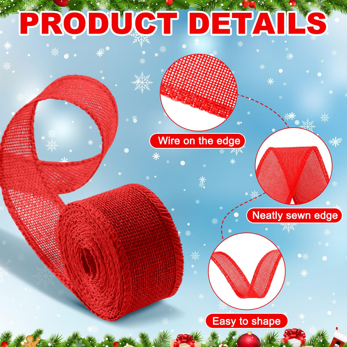 6 Rolls 33 Yards Christmas Burlap Ribbon, 1.5''