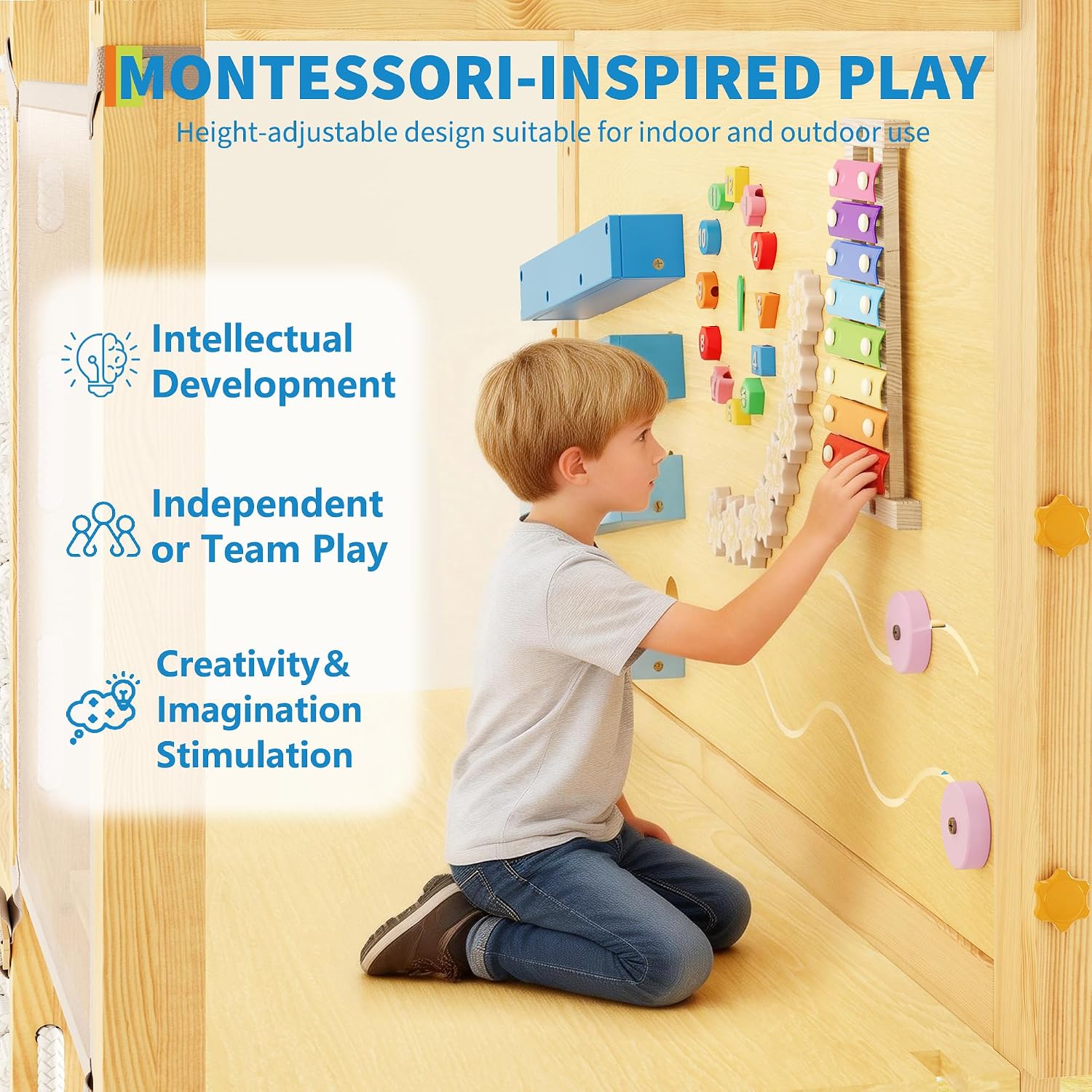 9-in-1 Indoor Jungle Gym, Montessori Wooden Indoor Playground for Kids 2-8, Wooden Climbing Structure with Slide