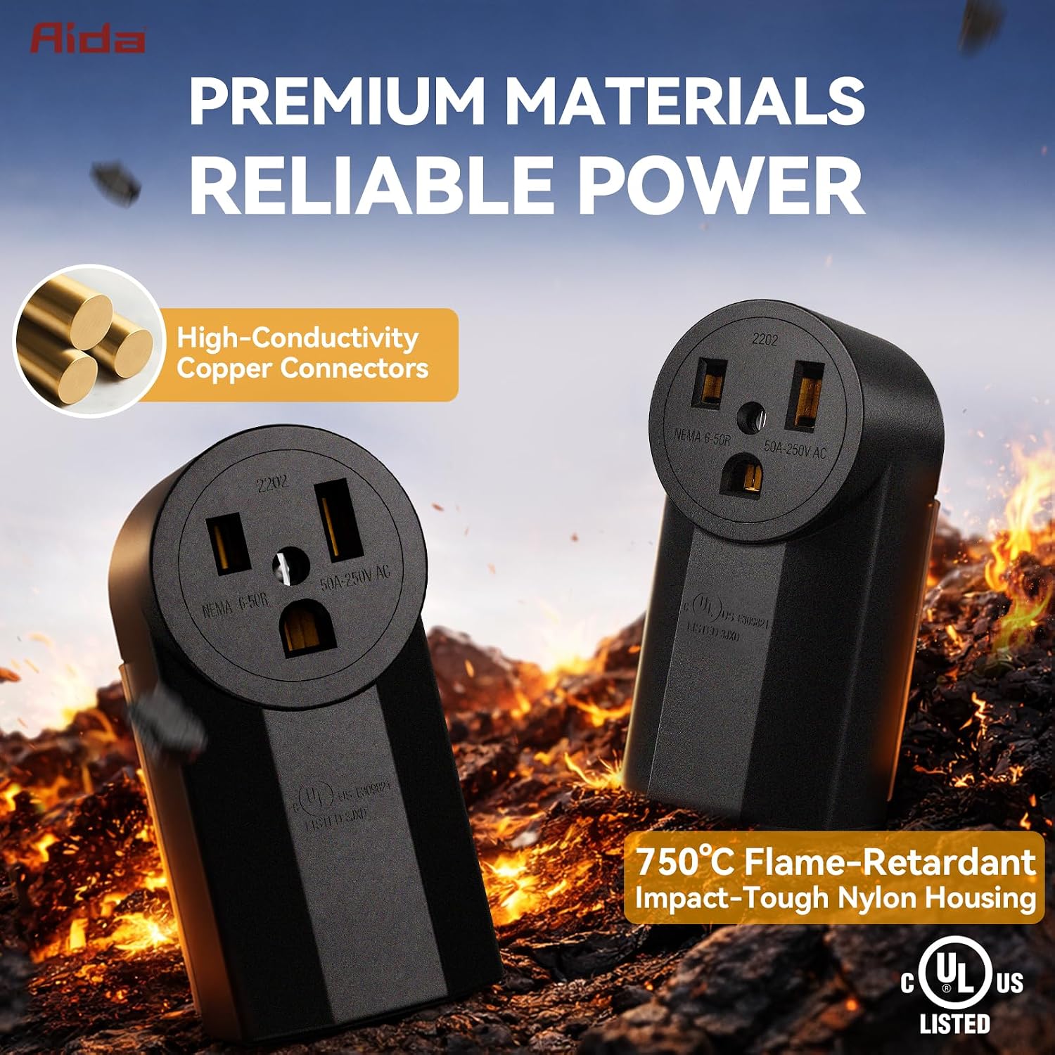 50 Amp 250 Volt 6-50R 2-Pole, 3-Wire Grounding Surface Mount Power Dryer Receptacle Outlet, Back Wire, AL/CU, UL