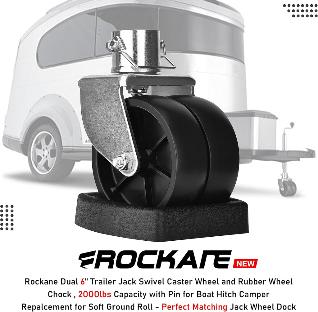 Dual 6'' Trailer Jack Swivel Caster Wheel Replacement with Rubber Wheel Chock，2000LBs Capacity with Pin for Boat