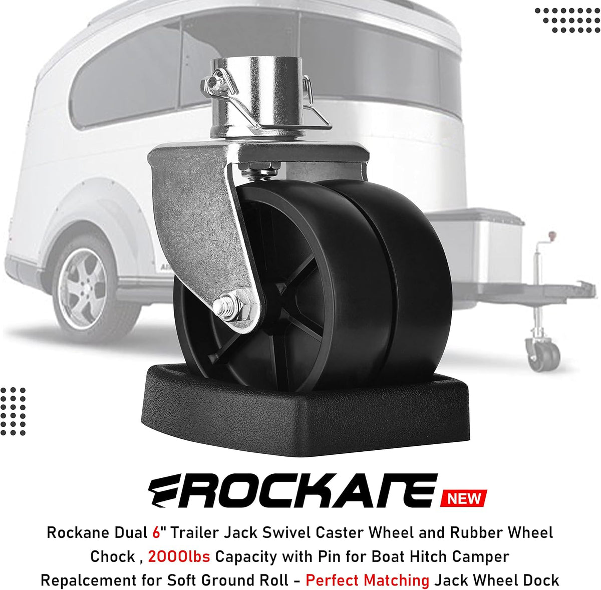 Dual 6'' Trailer Jack Swivel Caster Wheel Replacement with Rubber Wheel Chock，2000LBs Capacity with Pin for Boat
