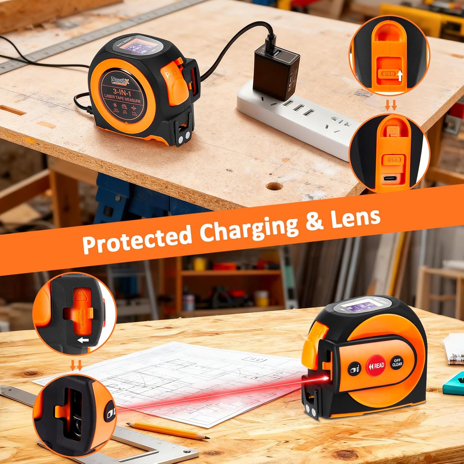 3-in-1 Laser Tape Measure, 197ft Laser Distance Meter, 16ft Digital Tape Measure, Digital Level