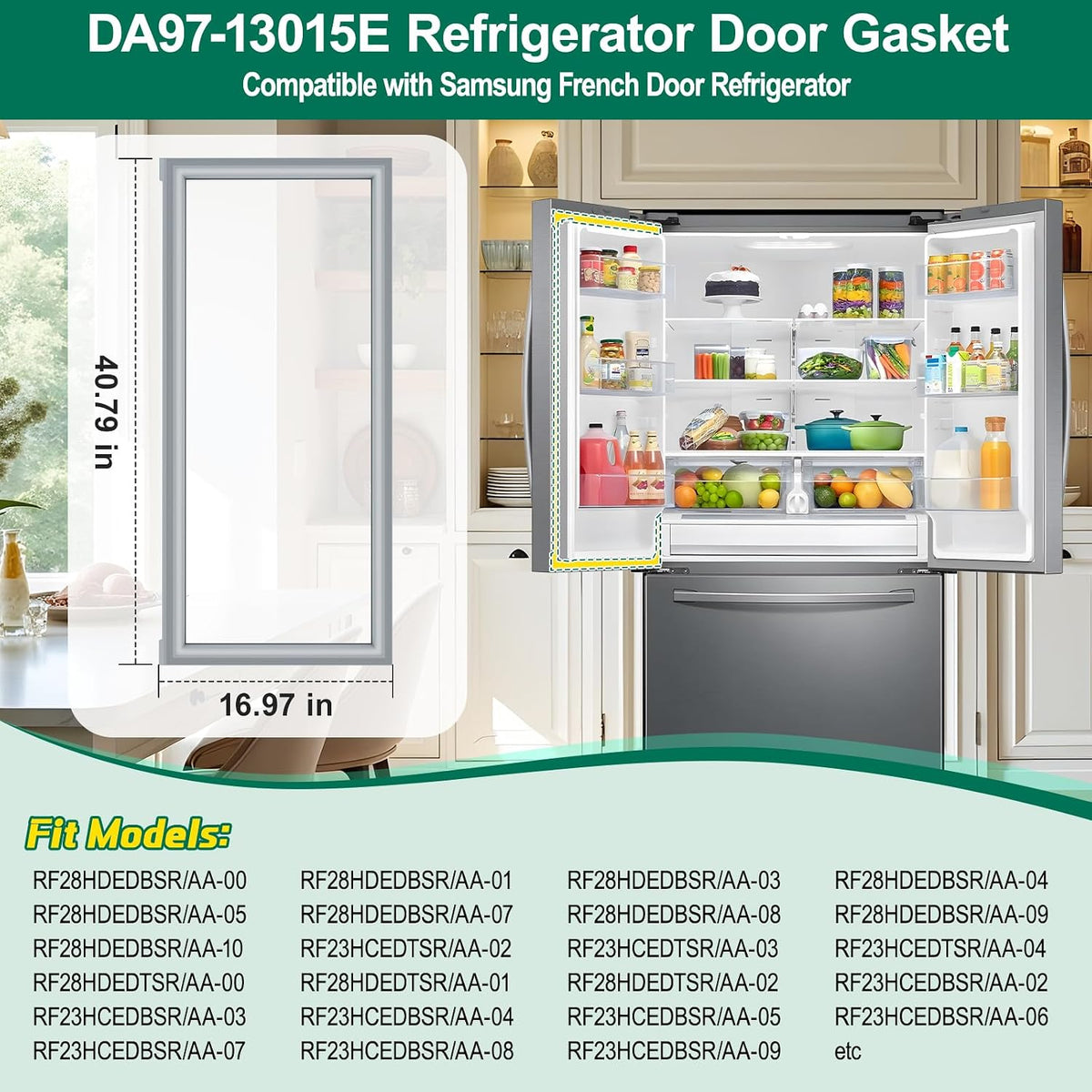 [2 PACK] DA97-13015E Refrigerator Door Gasket Replacement Compatible with Samsung Refrigerator Parts Door Seal, Replaces RF28HDEDPWW RF28HFEDBSR RF28HDEDBSR RF23HCEDTSR Fresh Food Door Gasket