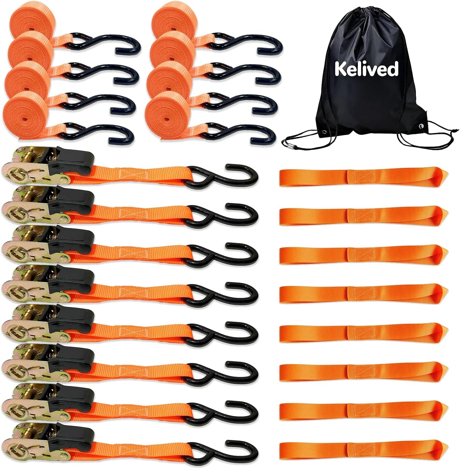 8PK Ratchet Tie Down Straps - 1in x 16feet, 1760LBS Break Strength, 8 Soft Loops, Wear-Resistant Webbing with