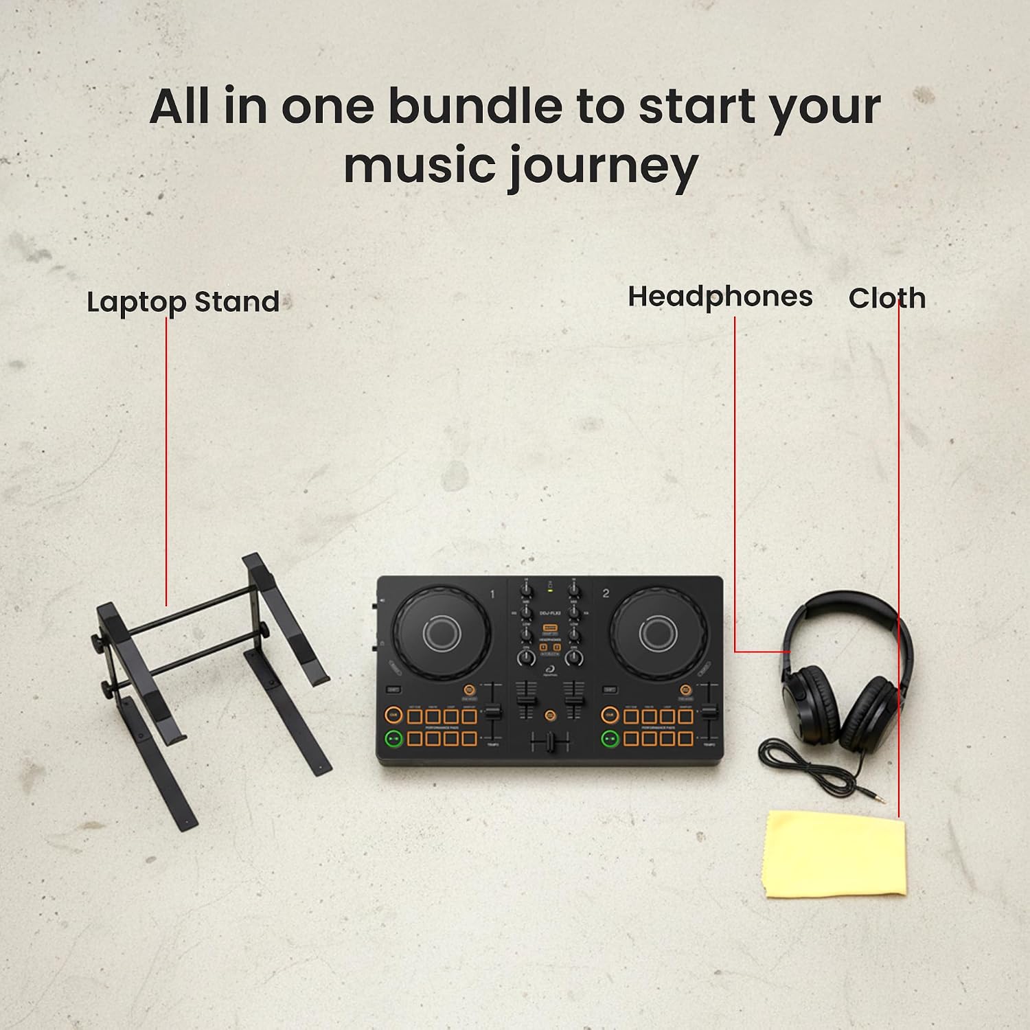 Pioneer DJ AlphaTheta DDJ-FLX2 Compact 2-Channel DJ Controller Bundle with Laptop Stand, Headphones, and Austin