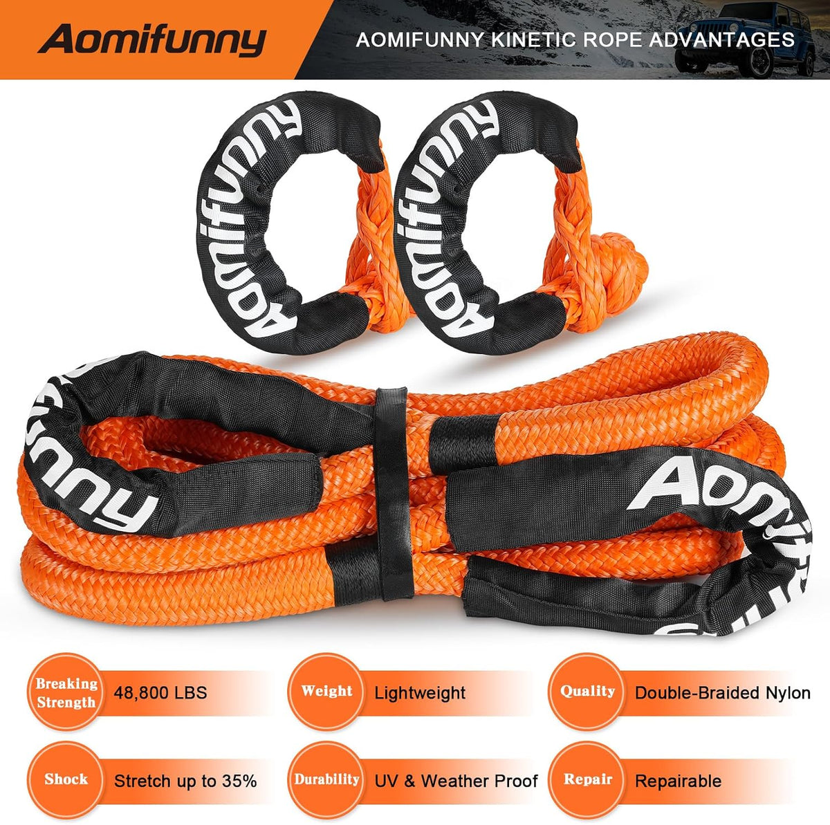 Kinetic Tow Rope with 2 Soft Shackles, 1" x 30', 48,800 LBS Break Strength