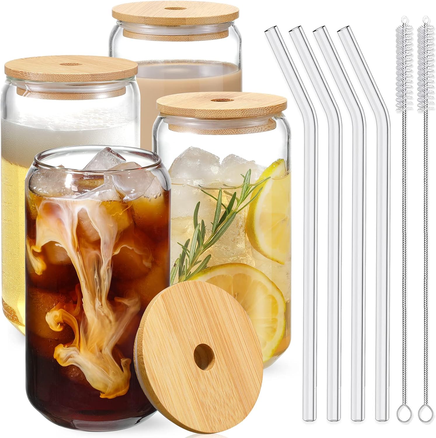 Drinking Glasses with Bamboo Lids and Glass Straw 4pcs Set - 16oz Glass Cups, Iced Coffee Glasses, Cute iced Tea