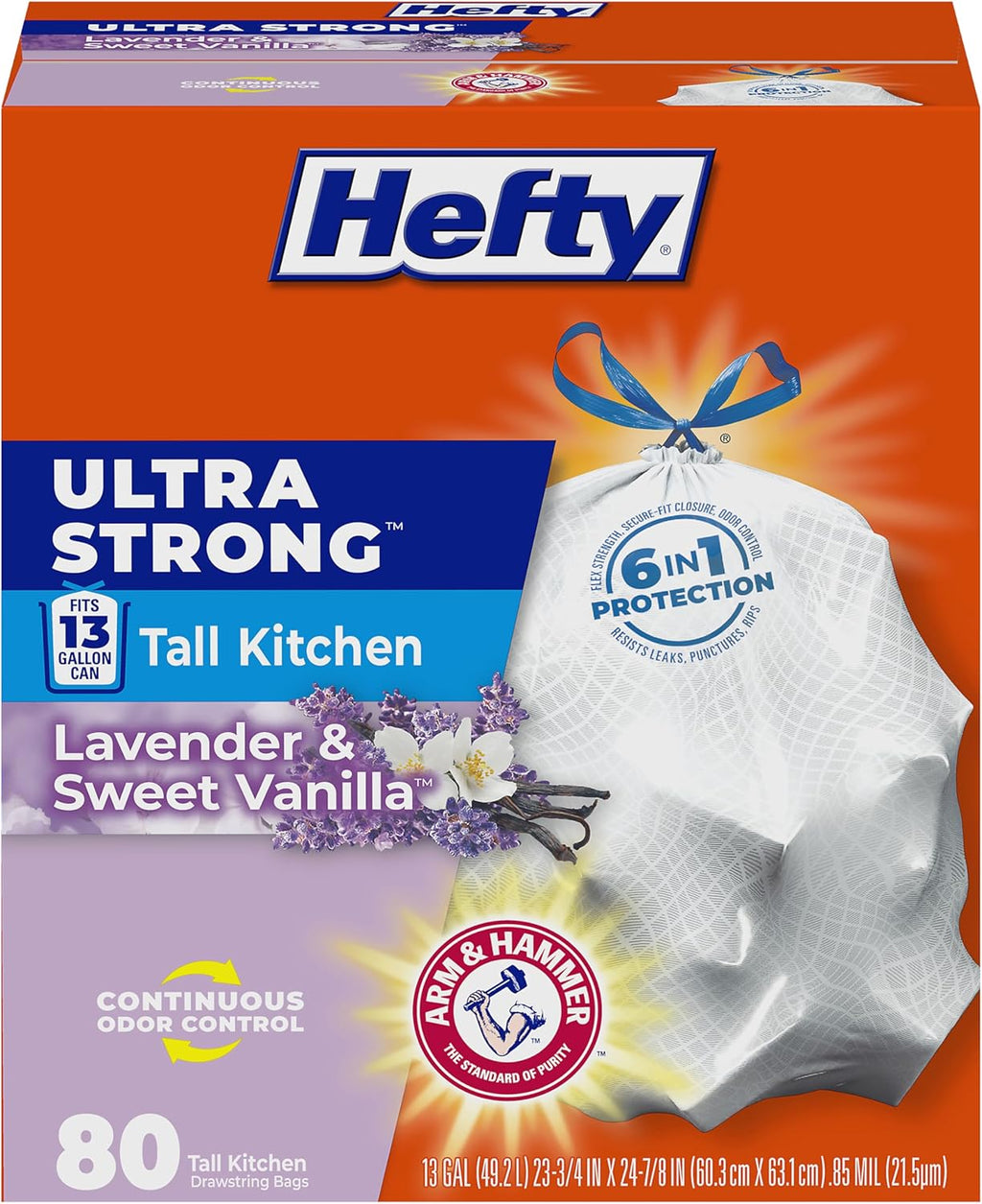 Ultra Strong 13 Gallon Trash Bags, Tall Kitchen, Drawstring Closure, Odor Control, White, Lavender, Sweet Vanilla, 80