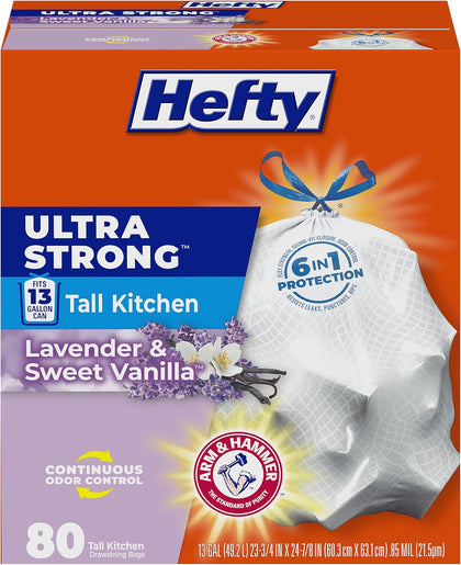 Ultra Strong 13 Gallon Trash Bags, Tall Kitchen, Drawstring Closure, Odor Control, White, Lavender, Sweet Vanilla, 80