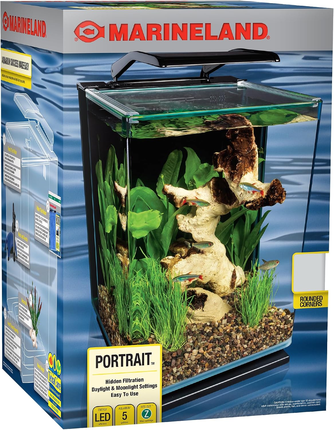 Portrait Glass LED Aquarium Kit, 5 Gallons, Hidden Filtration,Black