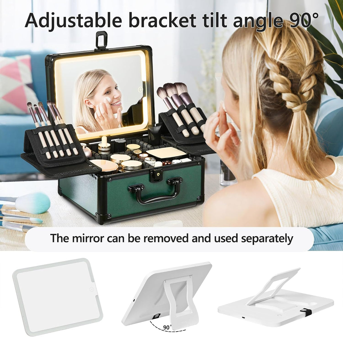 Makeup Case with Lighted Mirror, Makeup Box Organizer with Detachable LED Mirror, Travel Makeup Train Case