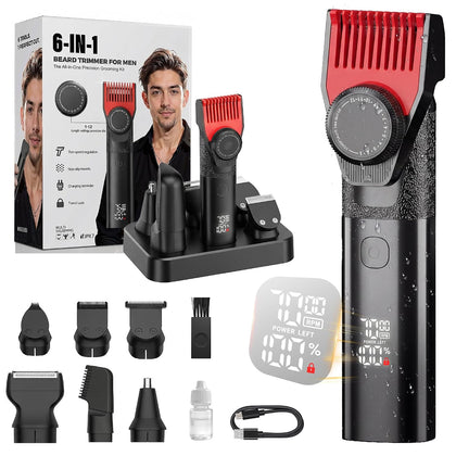 Beard Trimmer for Men, 6-in-1 Men's Grooming Kit,IPX7 Waterproof Wet/Dry, 2-Speed electric razor for men, Easy-Swap