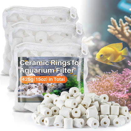 Ceramic Rings for Aquarium Filter - 15oz Bio Filter Media with 3 Bags | Highly Porous Water Cleaner for Pond &