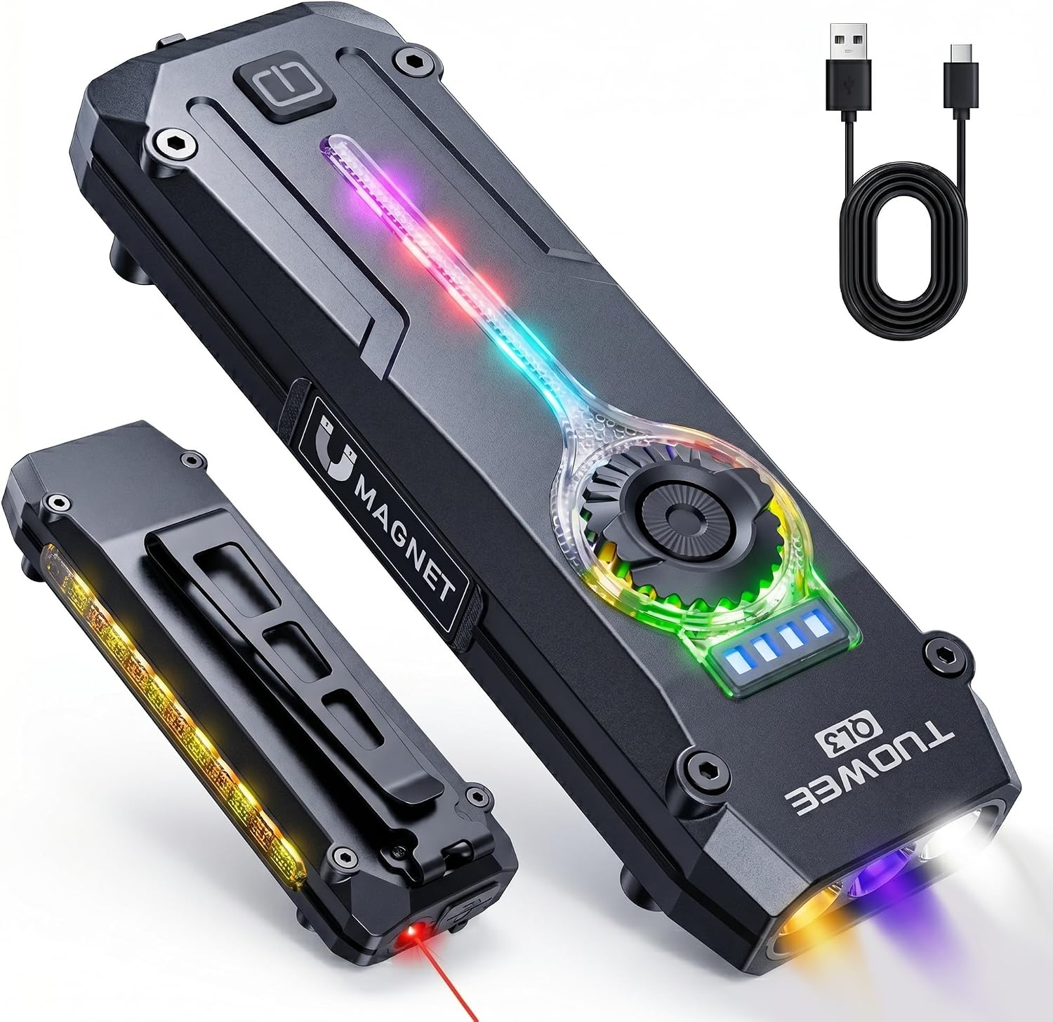 UV Flat EDC Flashlight Rechargeable 1800 High Lumens Pocket Light with RGB,Magnetic Base Small Flashlights with Dual
