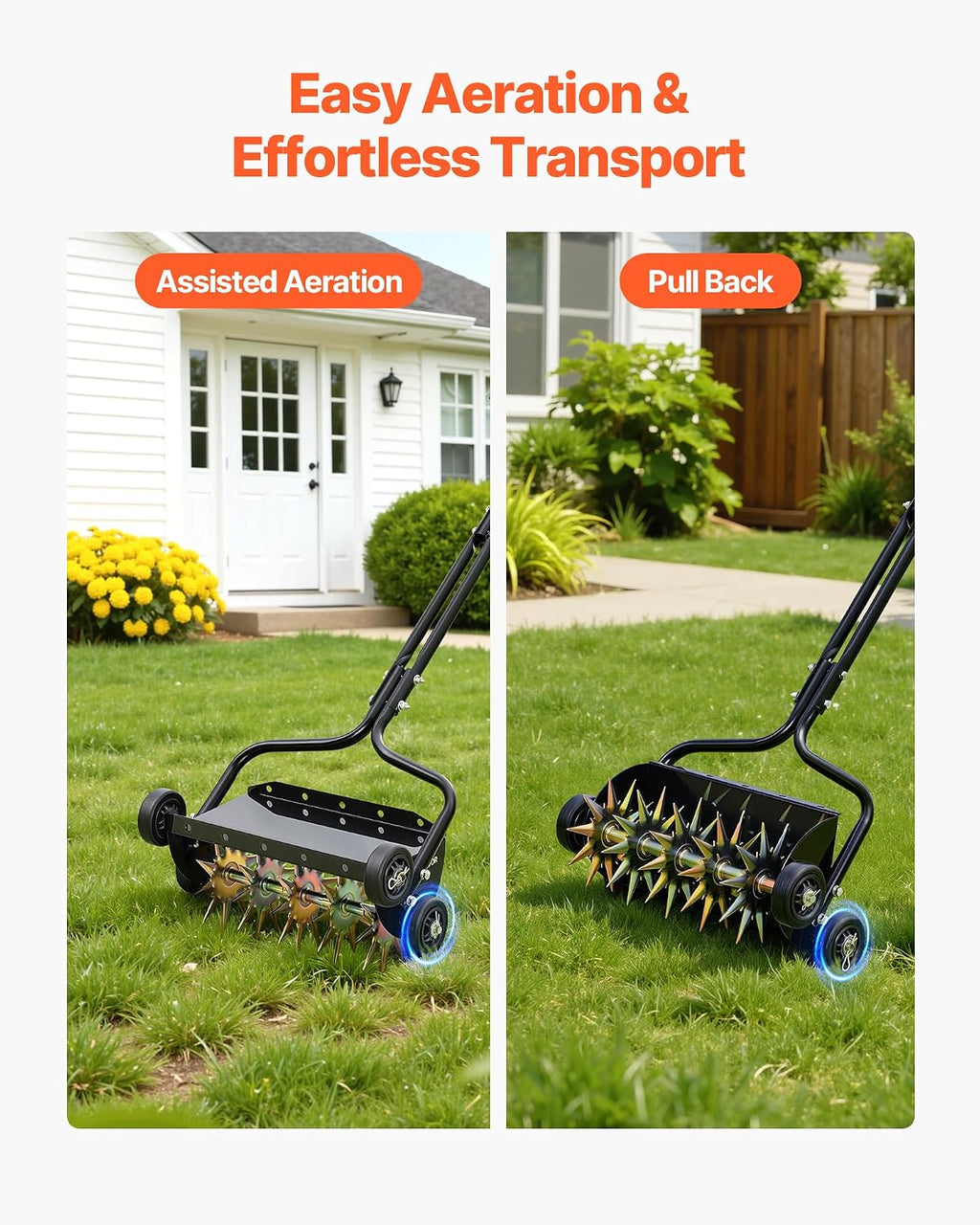 Lawn Aerator, 18 in Manual Push Spike Aerator with 4 Wheels & Handle, Heavy Duty Grass Aerators, Supports 40 lbs