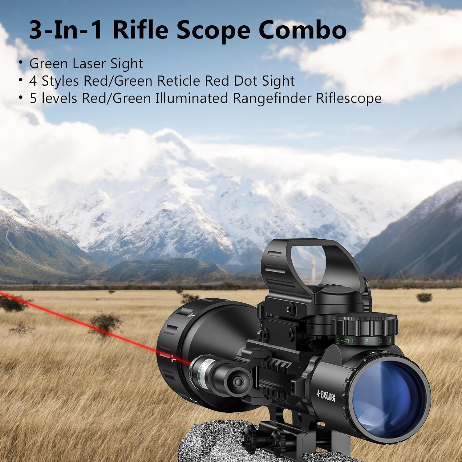 4-16x50 AO Hunting Rifle Scope Dual Illuminated Rangefinder Optics & 4 Holographic Reticle Red/Green Dot Sight &