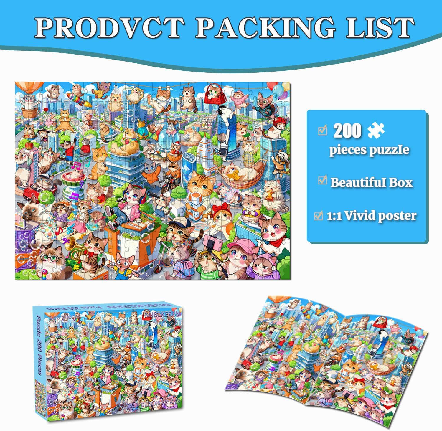 Puzzles for Kids Ages 6-8 8-10 Year Old - City Cats Themed, 200 Pieces Jigsaw Puzzles for Kids, Learning8-10