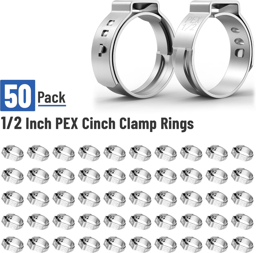 Bates- 1/2" PEX Cinch Clamp Rings, 50 Pack, Stainless Steel, PEX Pipe Clamps