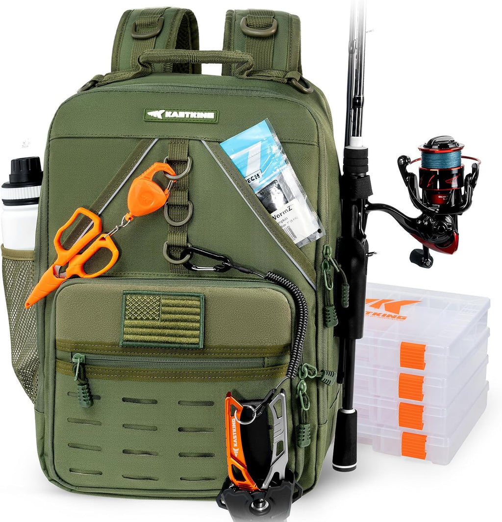 KarryAll Fishing Backpack with Rod Holder 4 Tackle Boxes, 40/26L | Tackle Bag Storage Fishing Gear and Equipment