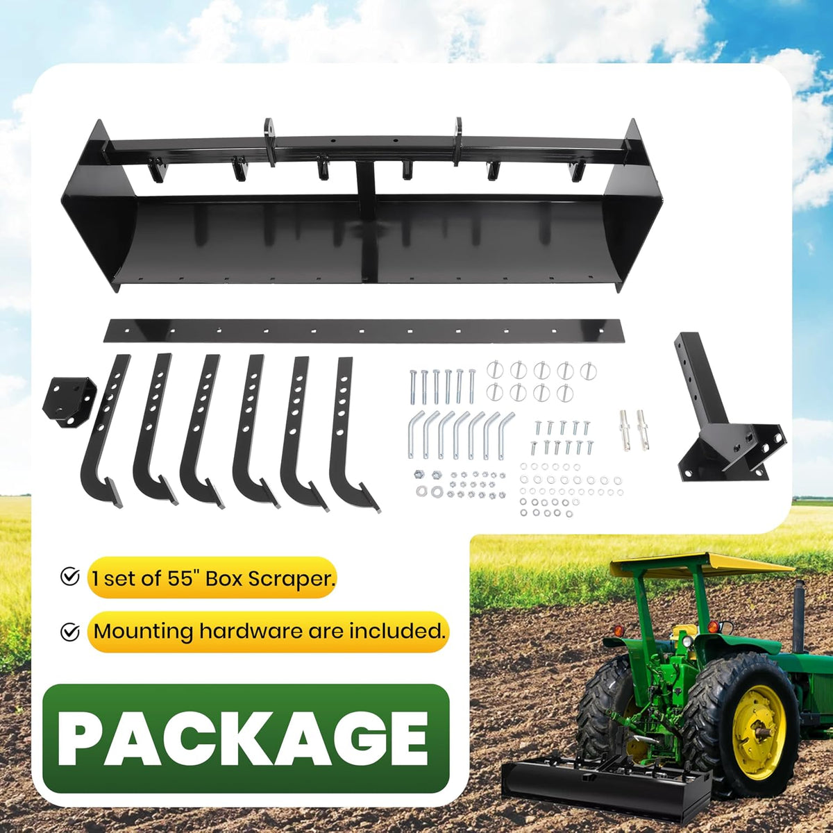 55" 3-Point Box Scraper Compatible with CAT-0 Garden Lawn Mower Tractor w/Adjustable Blade for Gravel Snow