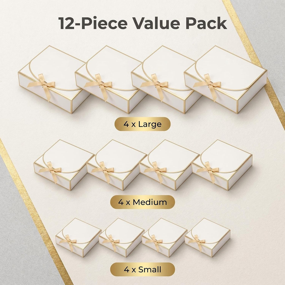 12Pack Mixed Size Gift Boxes, Small Medium Large White Gift Box Set with Ribbons & Lids, Gift Boxes Bulk for Wedding