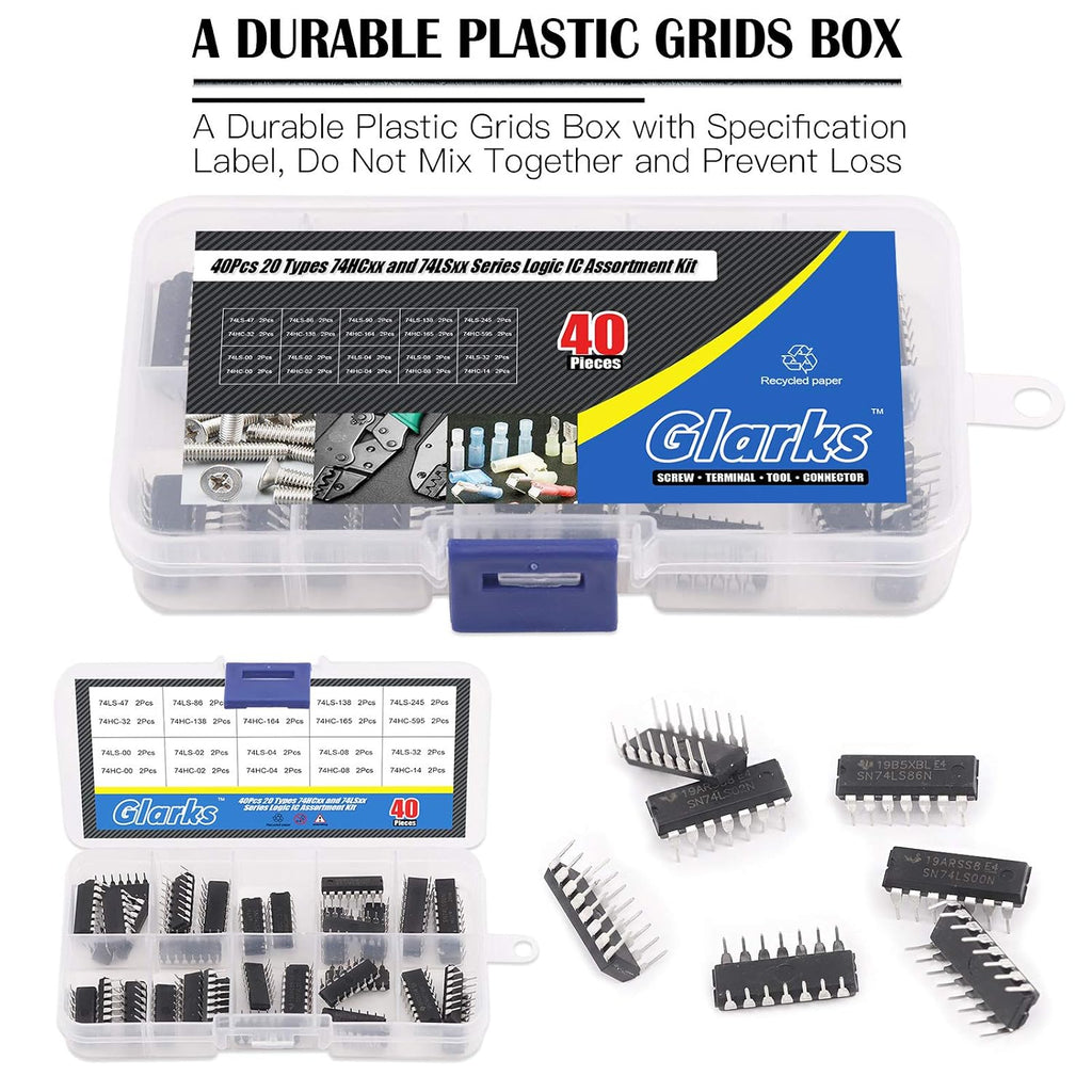 Glarks 40Pcs 74LSxxx and 74HCxxx Series Low-Power Logic IC Assortment Kit