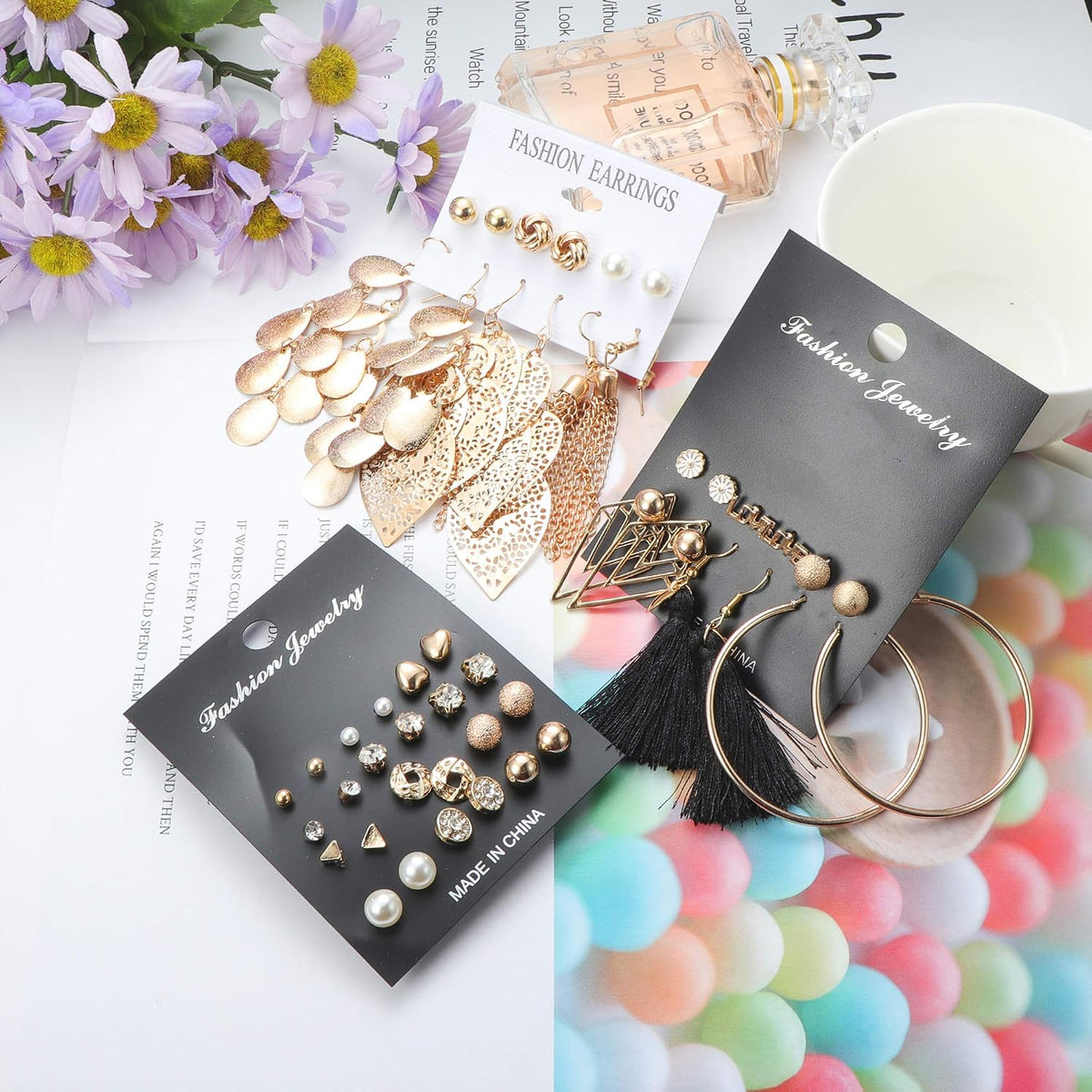 61-63 Pairs Assorted Multiple Stud Earrings for Women Simple Cute Flower Big Hoop Earrings Moon Geometric Leaf Arrow