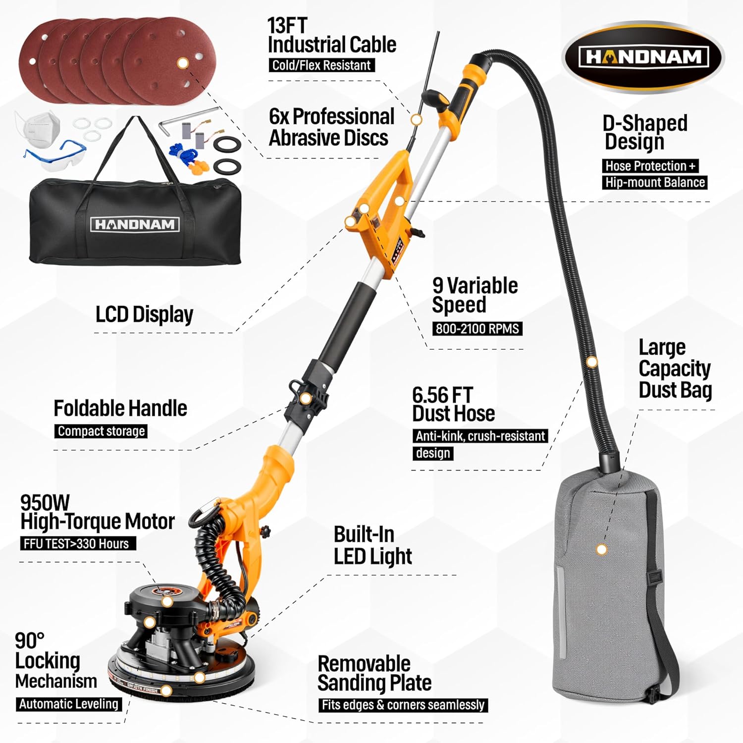 Electric Drywall Sander with Vacuum, 950W&99% Dust Collection for Ceiling | 26FT Power Cord, 9 Variable Speed