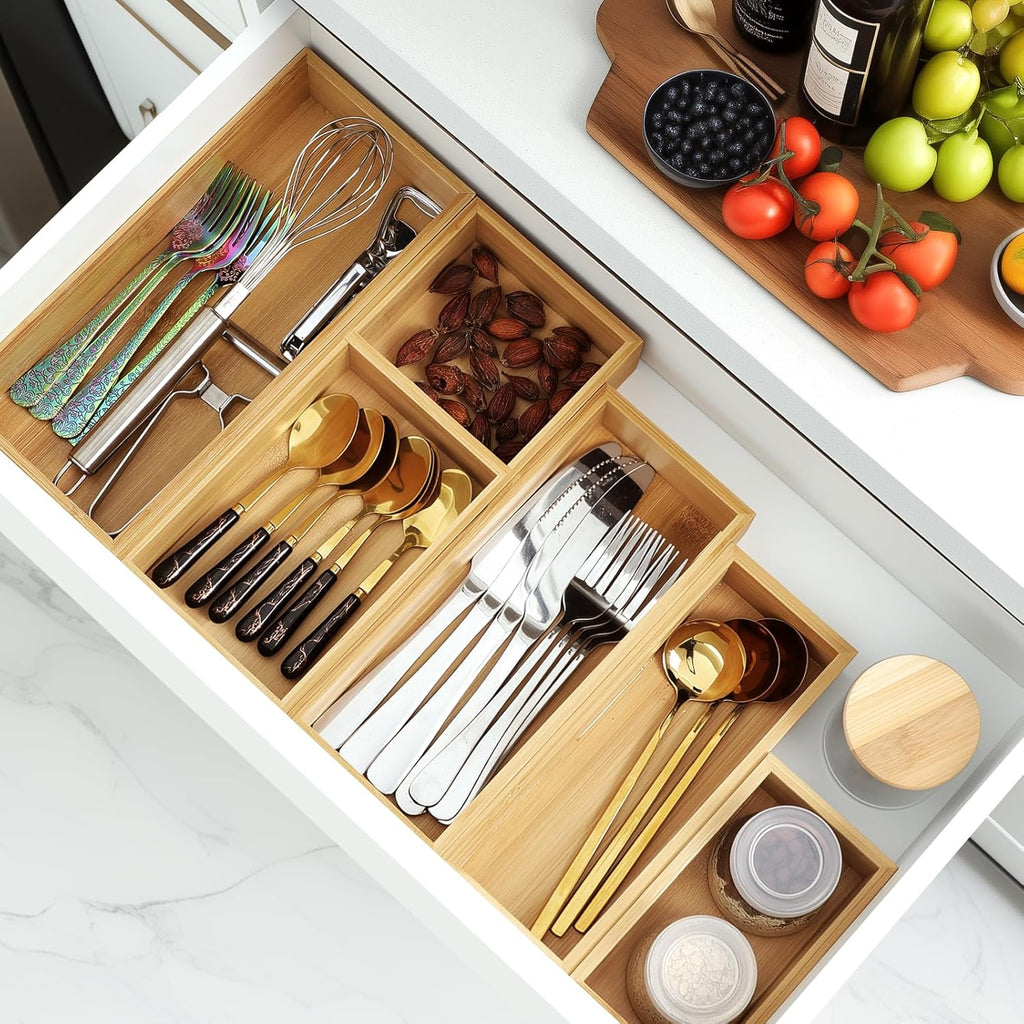 Bamboo Drawer Organizer Set, 5 PCS Multi-Use Individual Wood Storage Organizers, Junk Drawer Divider and Storage