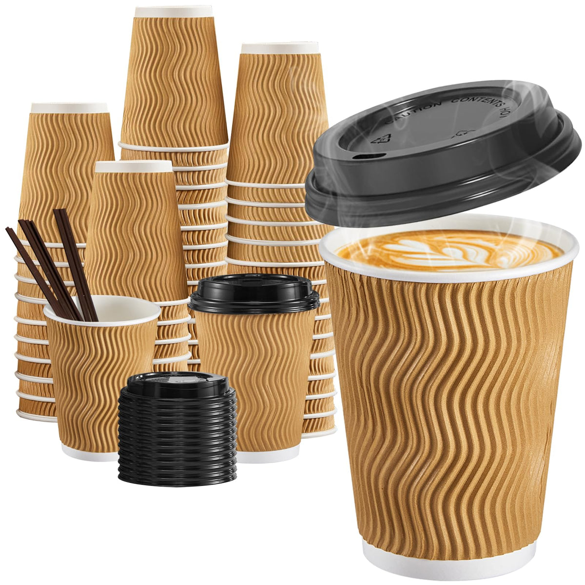 12 oz Coffee Cups-90 Pack Disposable Coffee Cups with Lids and Straws