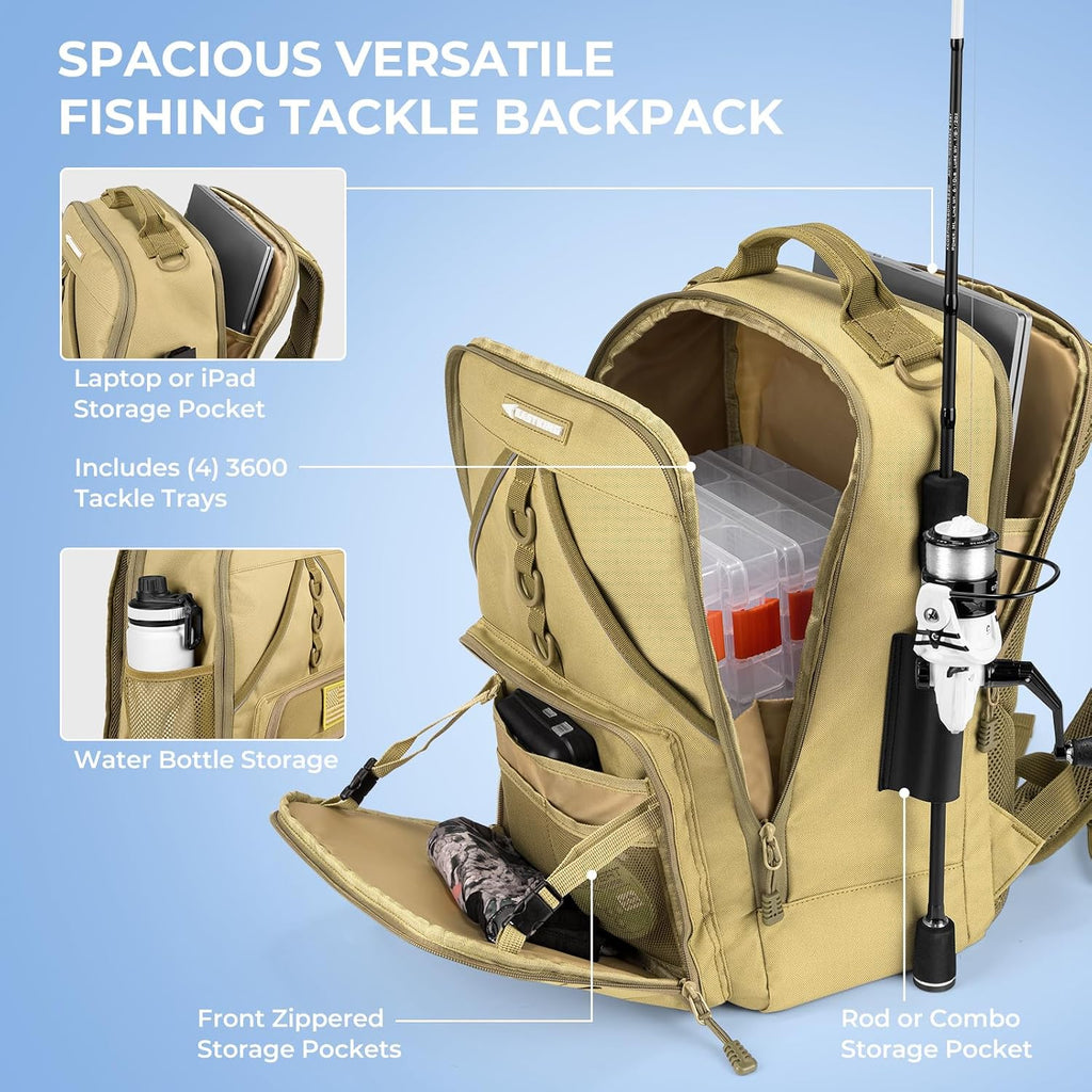 KarryAll Fishing Backpack with Rod Holder 4 Tackle Boxes, 40/26L | Tackle Bag Storage Fishing Gear and Equipment